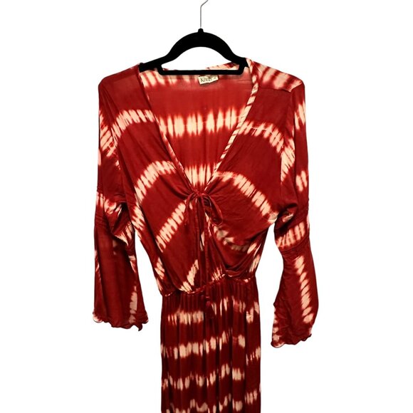 Maroon, Ivory Long Flowing Dress with Plunging Neckline, Tie Front and Belt - Picture 3 of 9